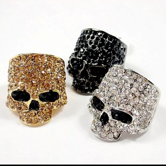 Silver gold and black titanium crystal goth skull punk Biker ring new - Picture 3 of 7